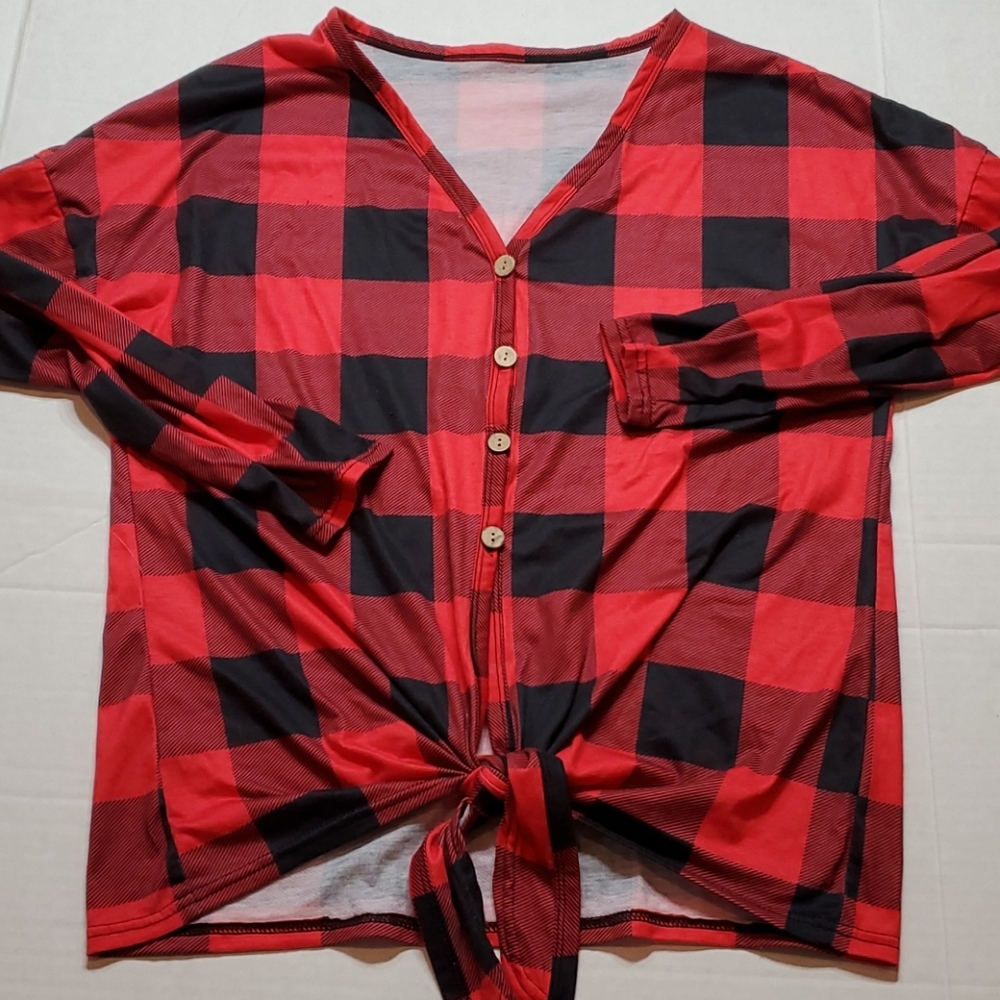 Lounge shirt red black plaid tie front waist large